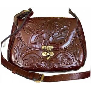 #1611 Patricia Nash Lucia Rose Tooled Leather Crossbody Shoulder Bag British Tan